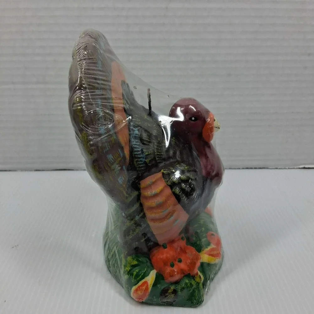 Vintage Style Thanksgiving Turkey Pillar‎ Candle Hand Painted Fall Decor 6 Inch